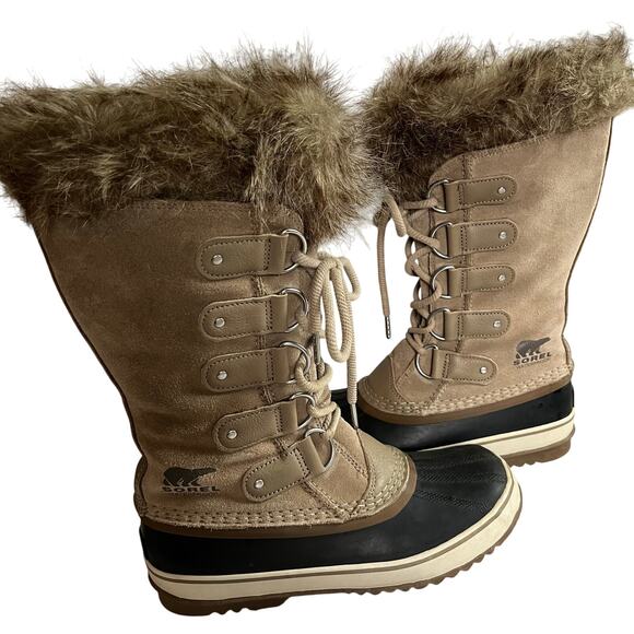 LIKE NEW Sorel Joan of Arctic Snow Boots Women's 9 Waterproof Fawn Taupe Fur - Picture 1 of 5